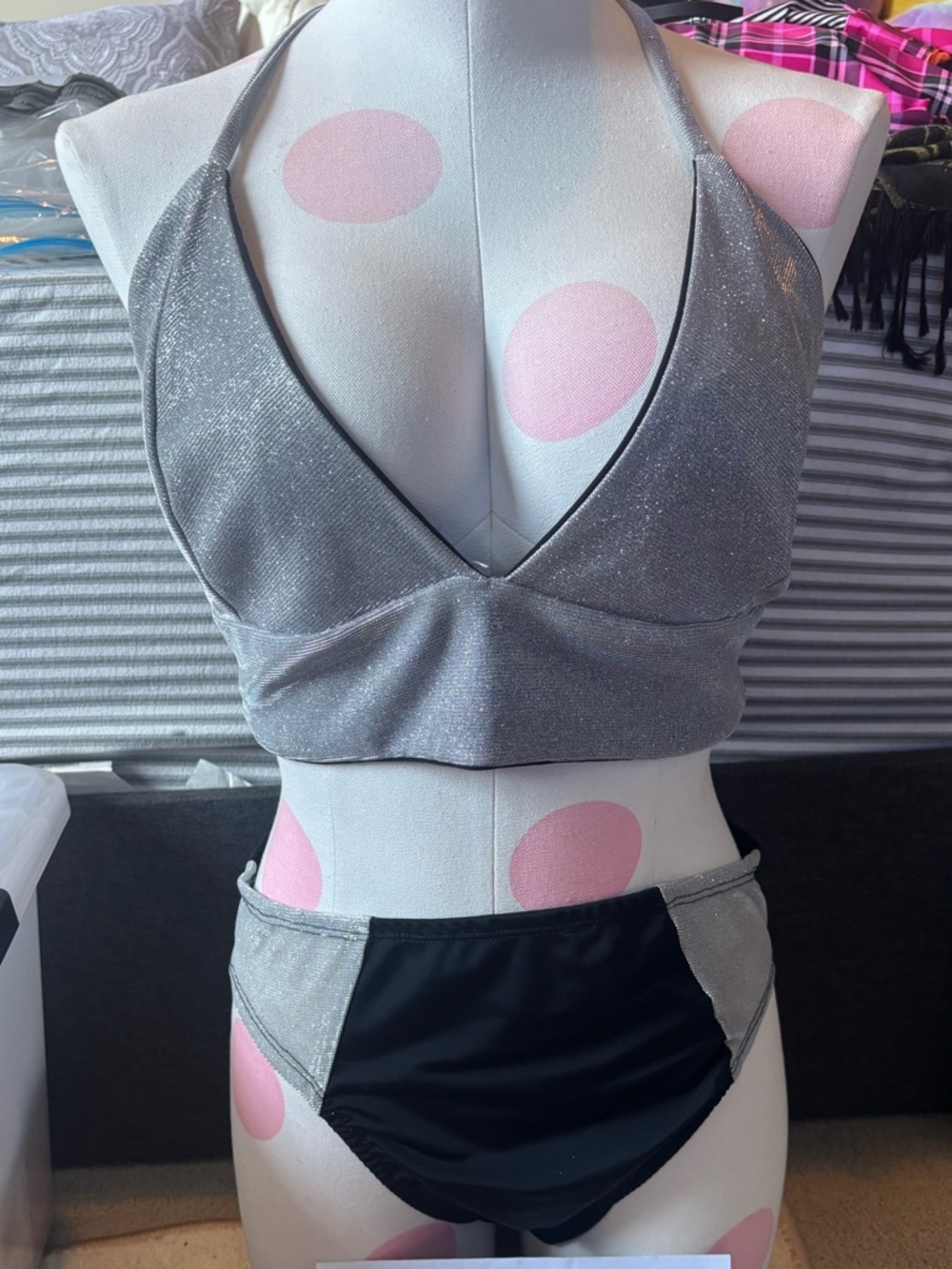 Sparkle Silver Halter Bikini Top with Black High-Waist Bottoms